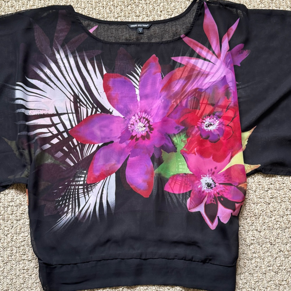 Vintage Black Sheer Long Sleeve Blouse with Vibrant Floral Design Small - Picture 3 of 14
